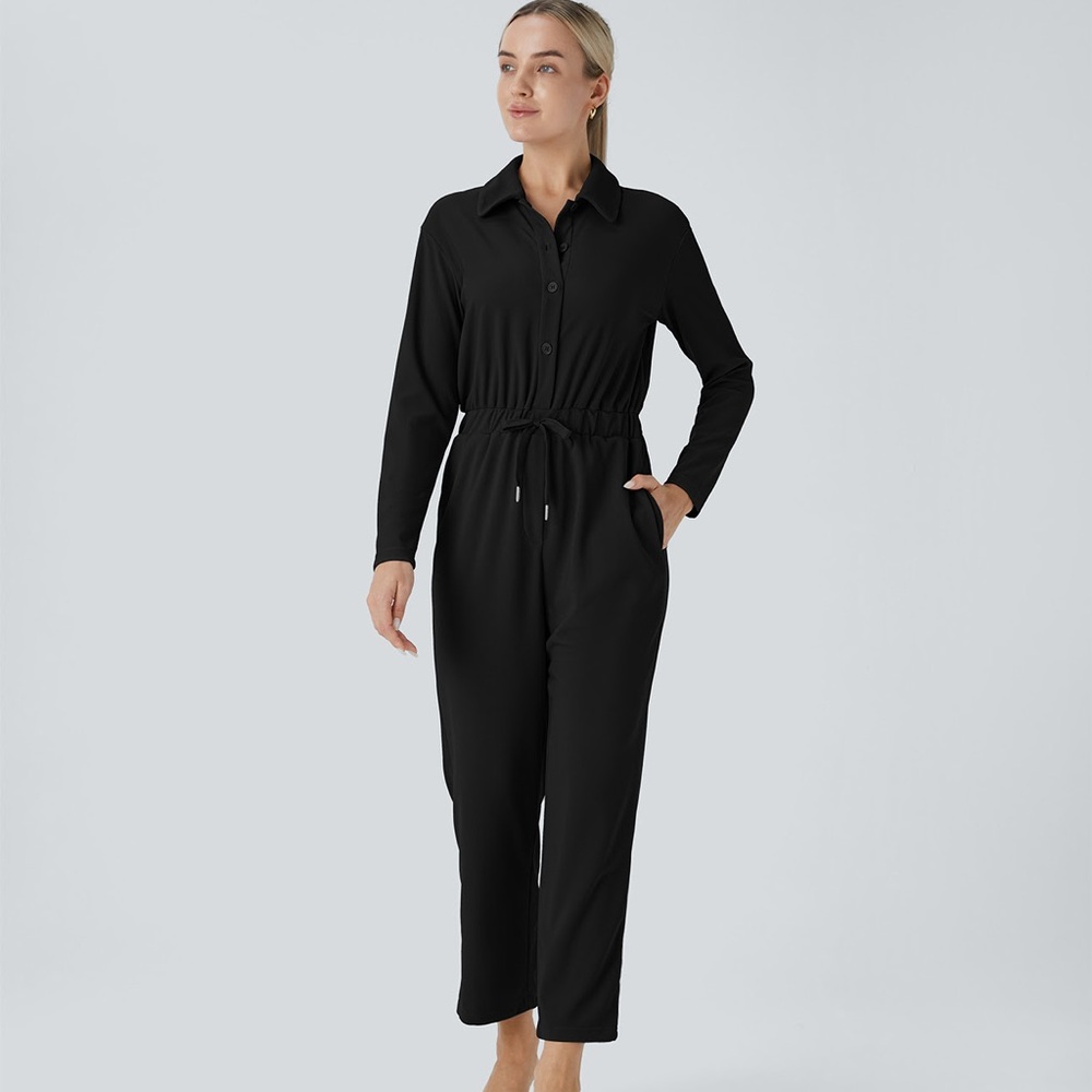 NWT Halara Collared Button Long Sleeve Drawstring Jumpsuit Black Small
